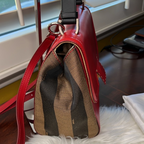 Fendi Silvana Leather Red Flap Turn-Lock Penguin Striped Canvas w/ Strap EUC - Picture 7 of 17